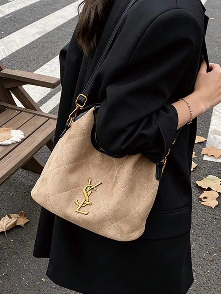 Suede Quilted Metal Logo Handbag