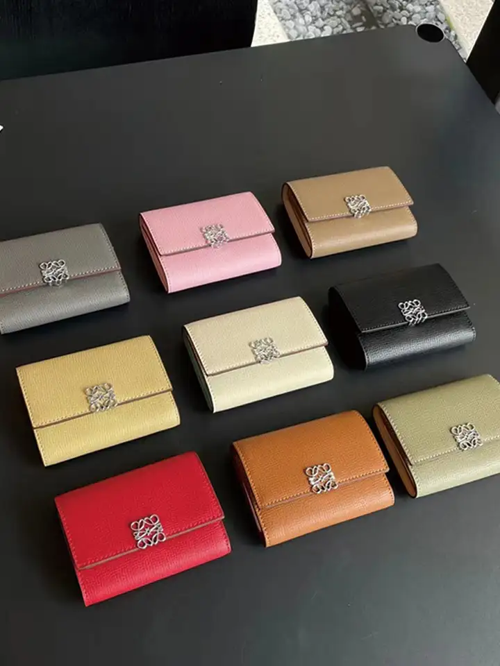 Cross-Grain Leather Wallet with Metal Anagram, Multi-color Compact Card Holder